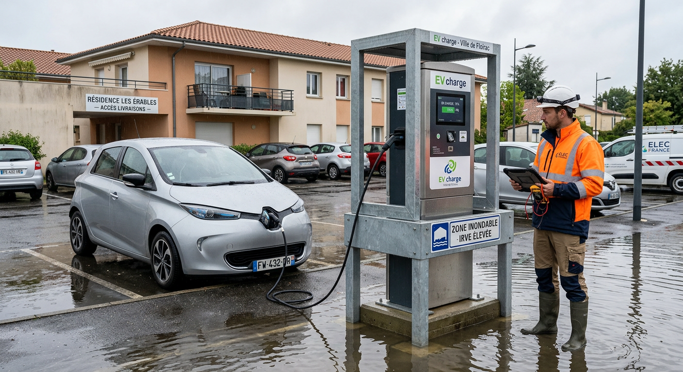 Borne de recharge électrique IRVE surélevée en zone inondable avec véhicule électrique en recharge et installateur présent