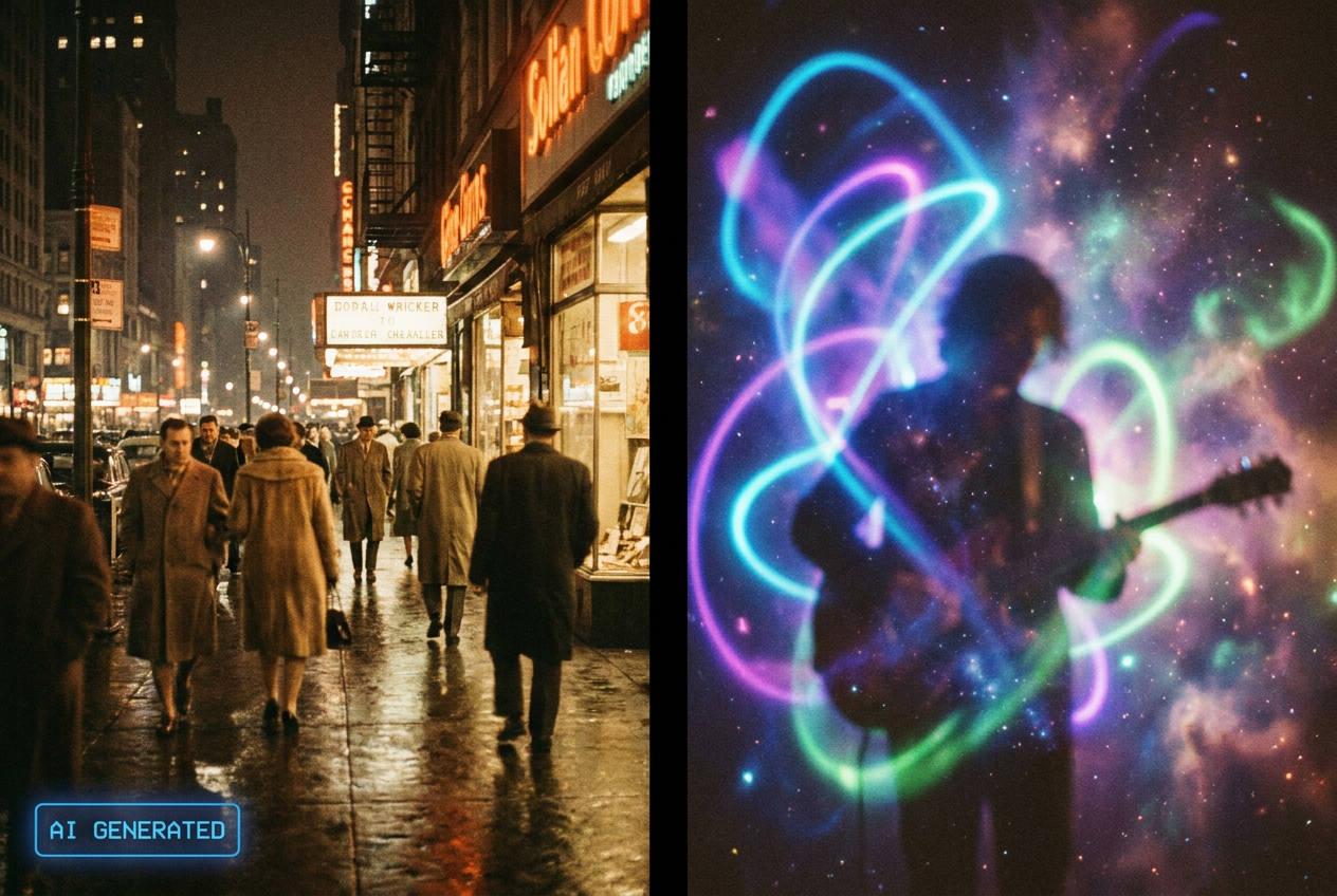 alt text for accessibility: A split-screen comparison showing a photorealistic AI-generated street scene on the left with a visible 'AI Generated' label, and a stylized, colorful abstract AI music video scene on the right without a label