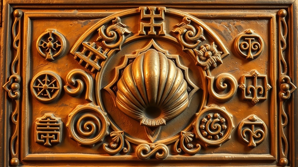 Panneau sculpté représentant les huit symboles auspicieux bouddhistes dont la conque au centre