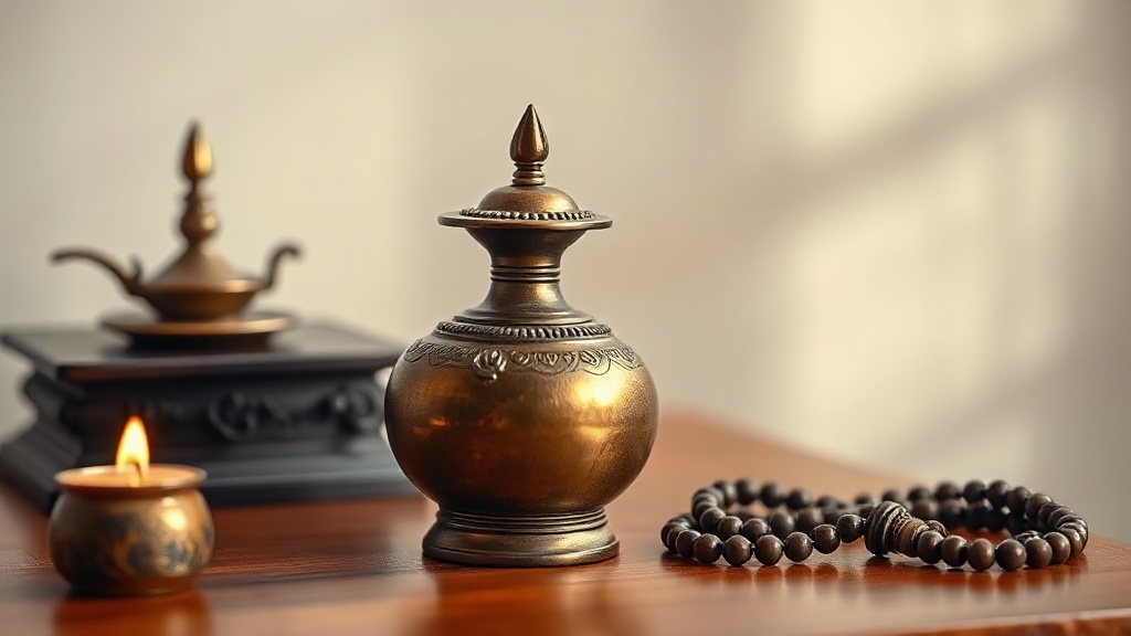 Petit vase aux trésors Bumpa en bronze sur un autel tibétain avec lampe à beurre et mala