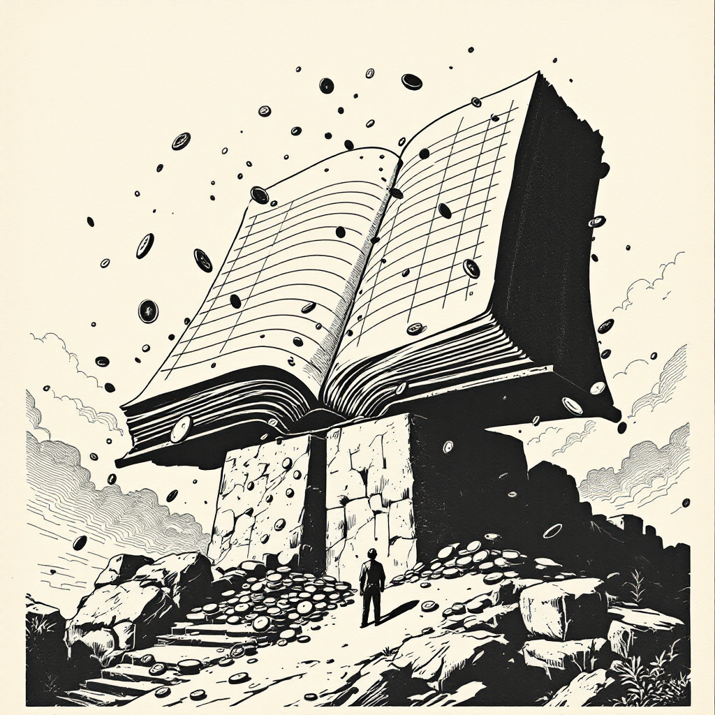 A massive, open ledger book resting on a stone pedestal, with coins and tokens flowing into its pages from all directions, a single builder figure standing at the base, dramatic upward lighting