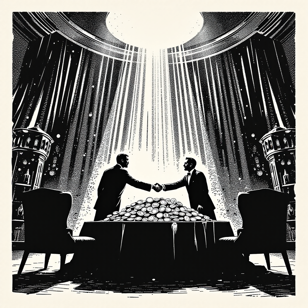 A grand auction hall with a single gavel striking down on a pile of tokens and NFTs, two figures shaking hands across the table, dramatic spotlight from above