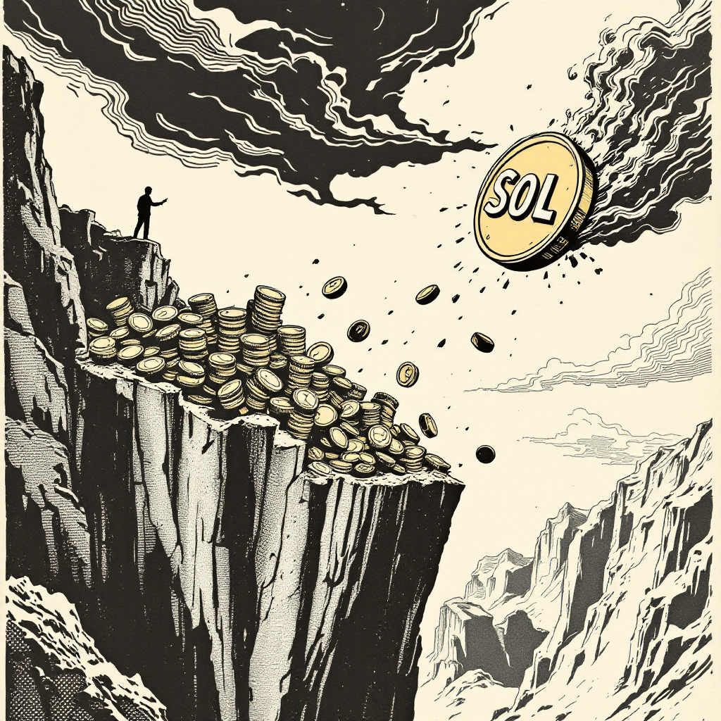A toppled stack of coins spilling off a jagged cliff, a large SOL coin tumbling downward, storm clouds overhead, a single trader silhouette watching from the edge