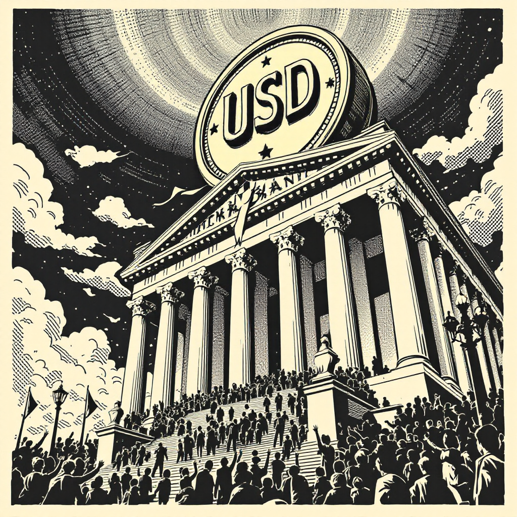 A monumental bank building with a giant coin emblazoned with 'USD' rising above its columns, crowds of people ascending the steps, banners streaming from the roof
