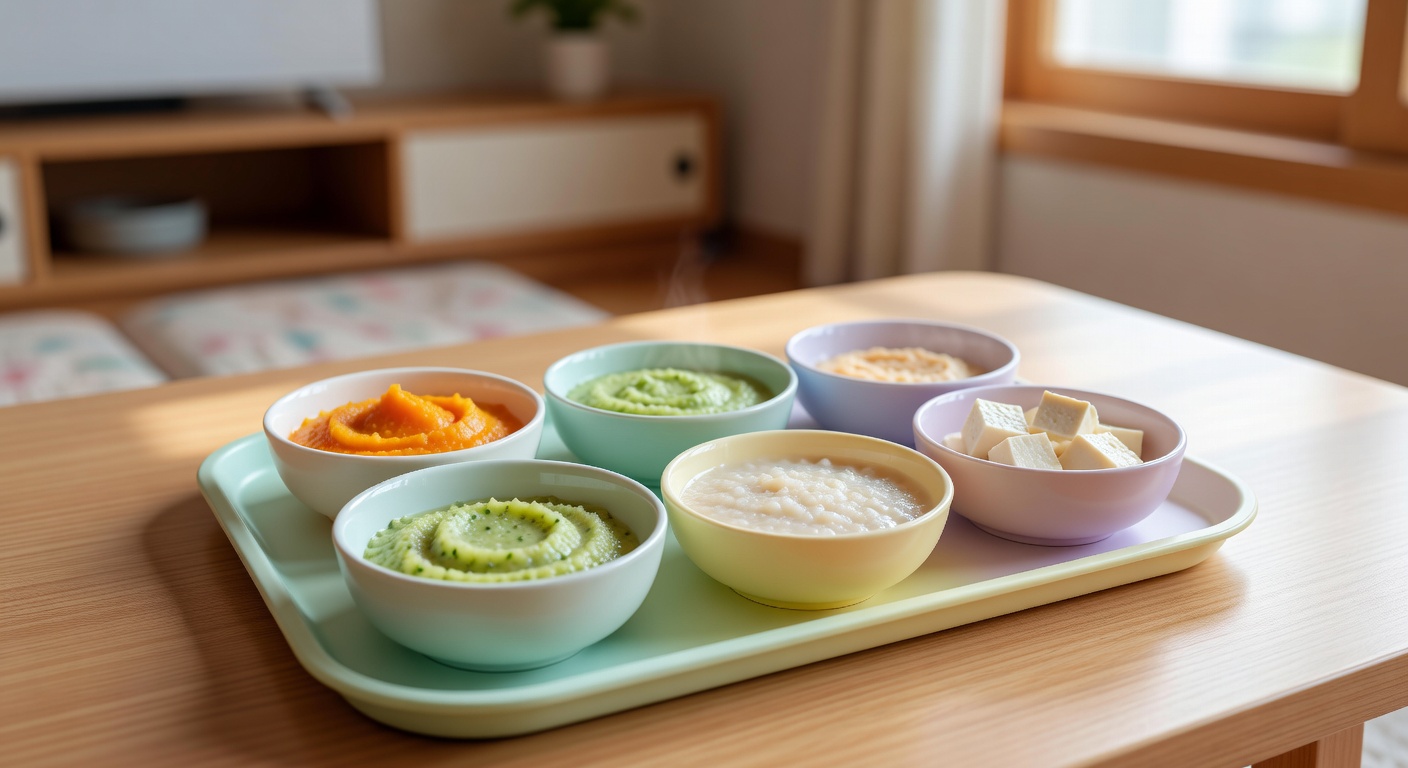 assorted small portions of baby food in separate bowls arranged on a pastel-colored tray