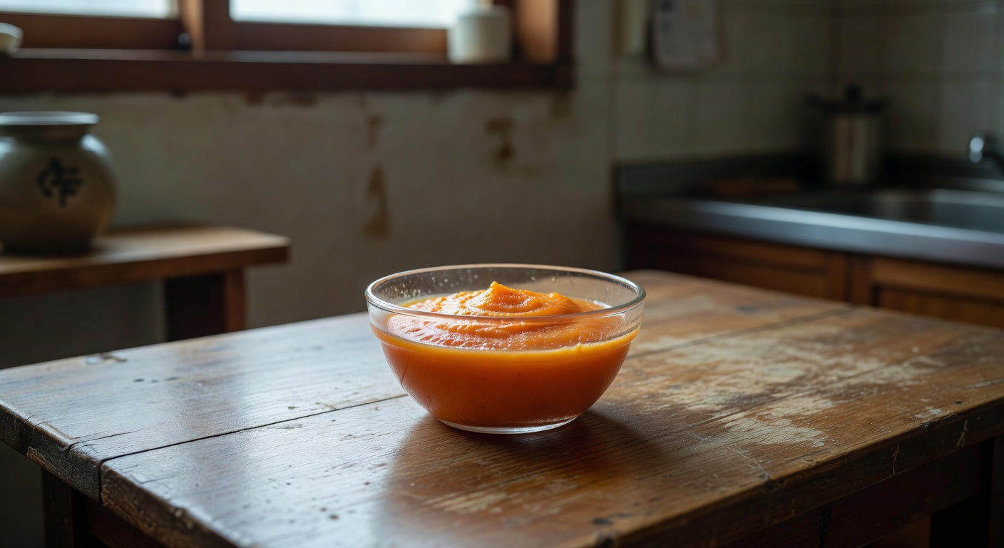 small glass bowl with pureed carrot baby food on a wooden kitchen table, soft natural light