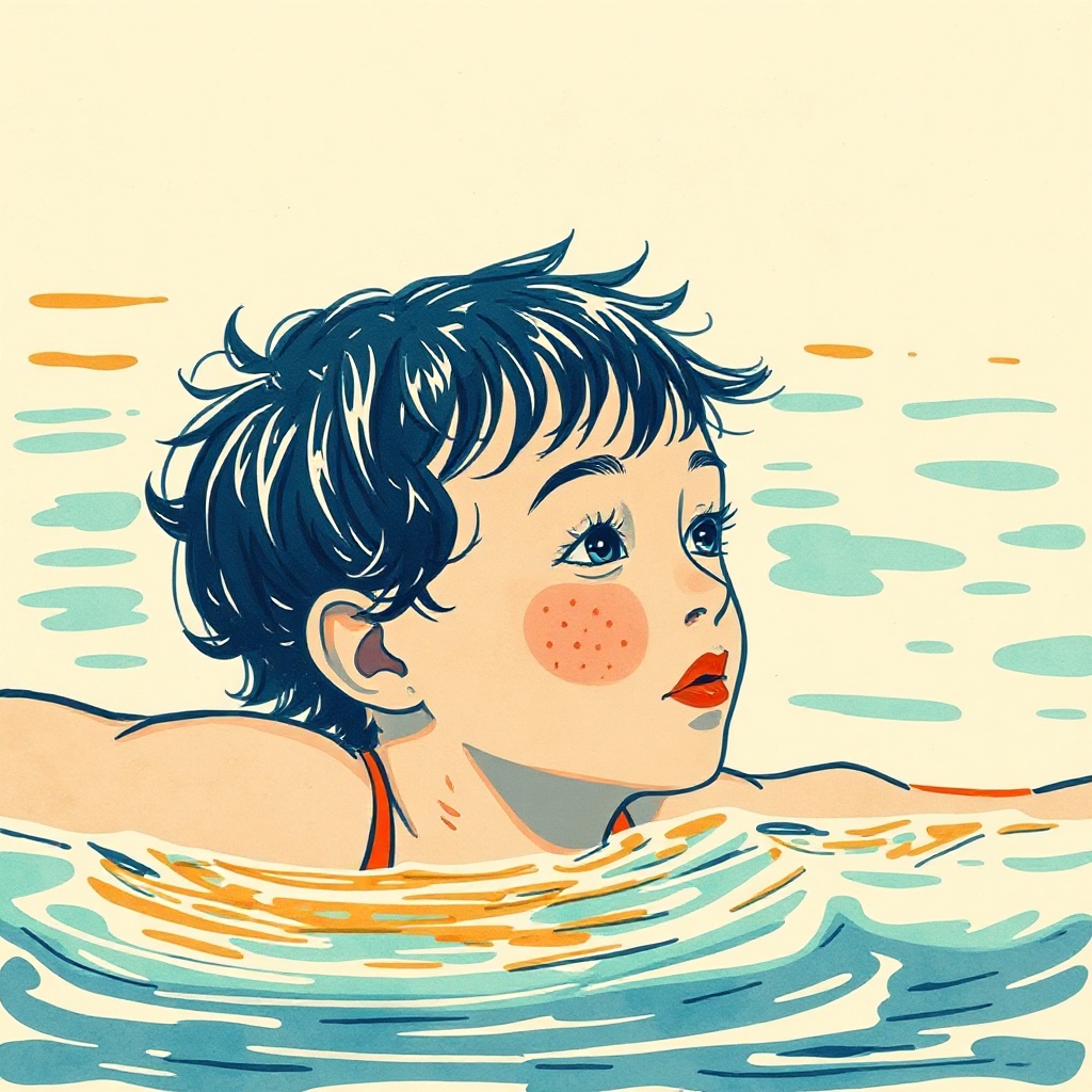 A pair of children's goggles resting on the pool deck, dripping bright water in afternoon sun, sketched in warm navy ballpoint.