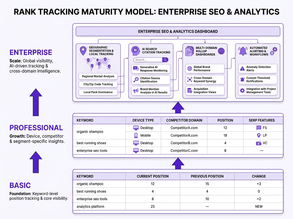 Enterprise rank tracking maturity model diagram showing progression from basic to enterprise-level capabilities