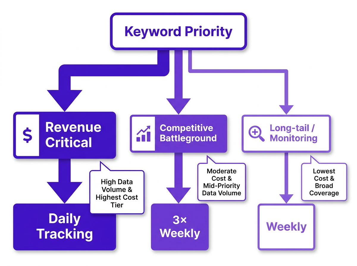 Rank tracking frequency decision flowchart for enterprise keyword prioritization