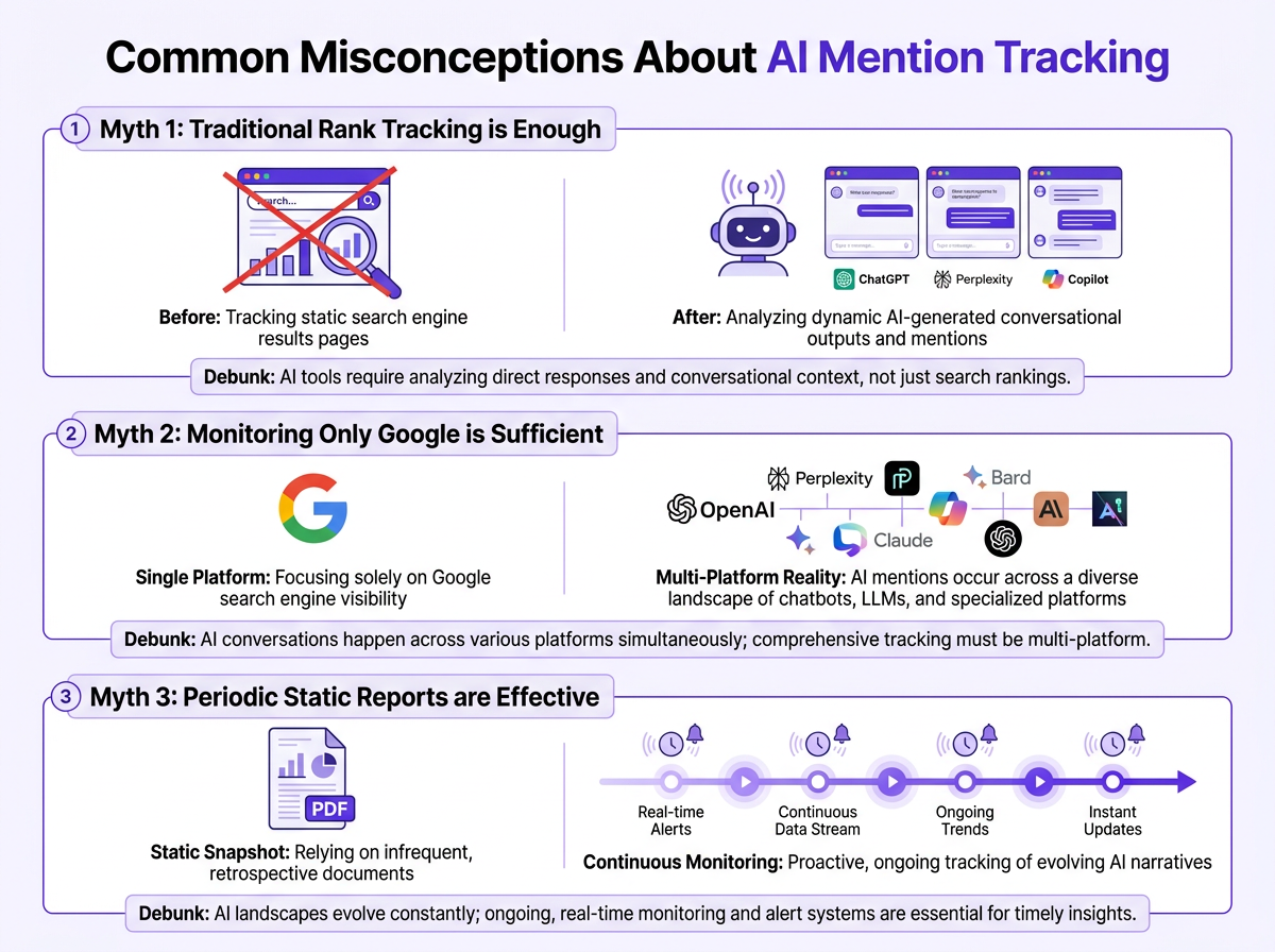 Infographic debunking three common misconceptions about tracking AI mentions