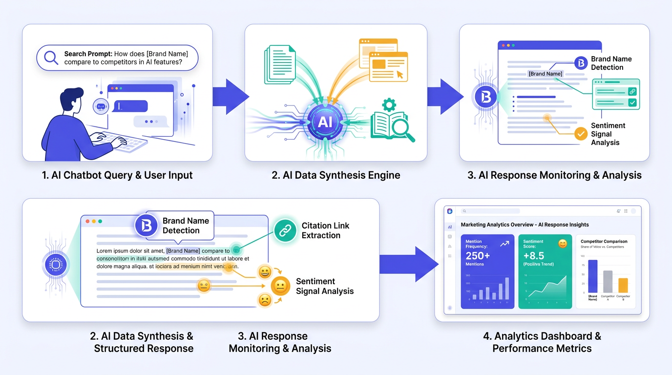 Diagram showing how AI brand monitoring tools track AI mentions step by step