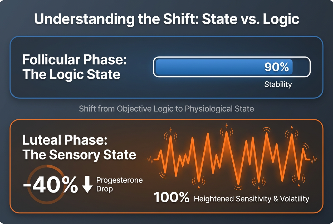 Infographic comparing the logical follicular phase with the sensory-driven luteal phase, highlighting the drop in progesterone levels and state shifts.