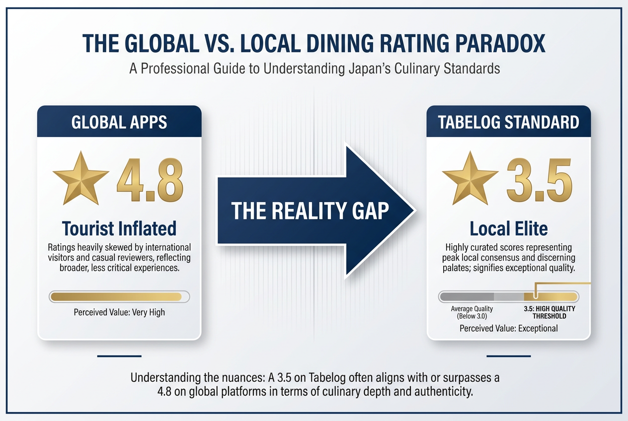 Comparison chart showing why a 3.5 rating on Tabelog in Japan is equivalent to or better than a 4.8 star rating on Yelp or Google Maps.