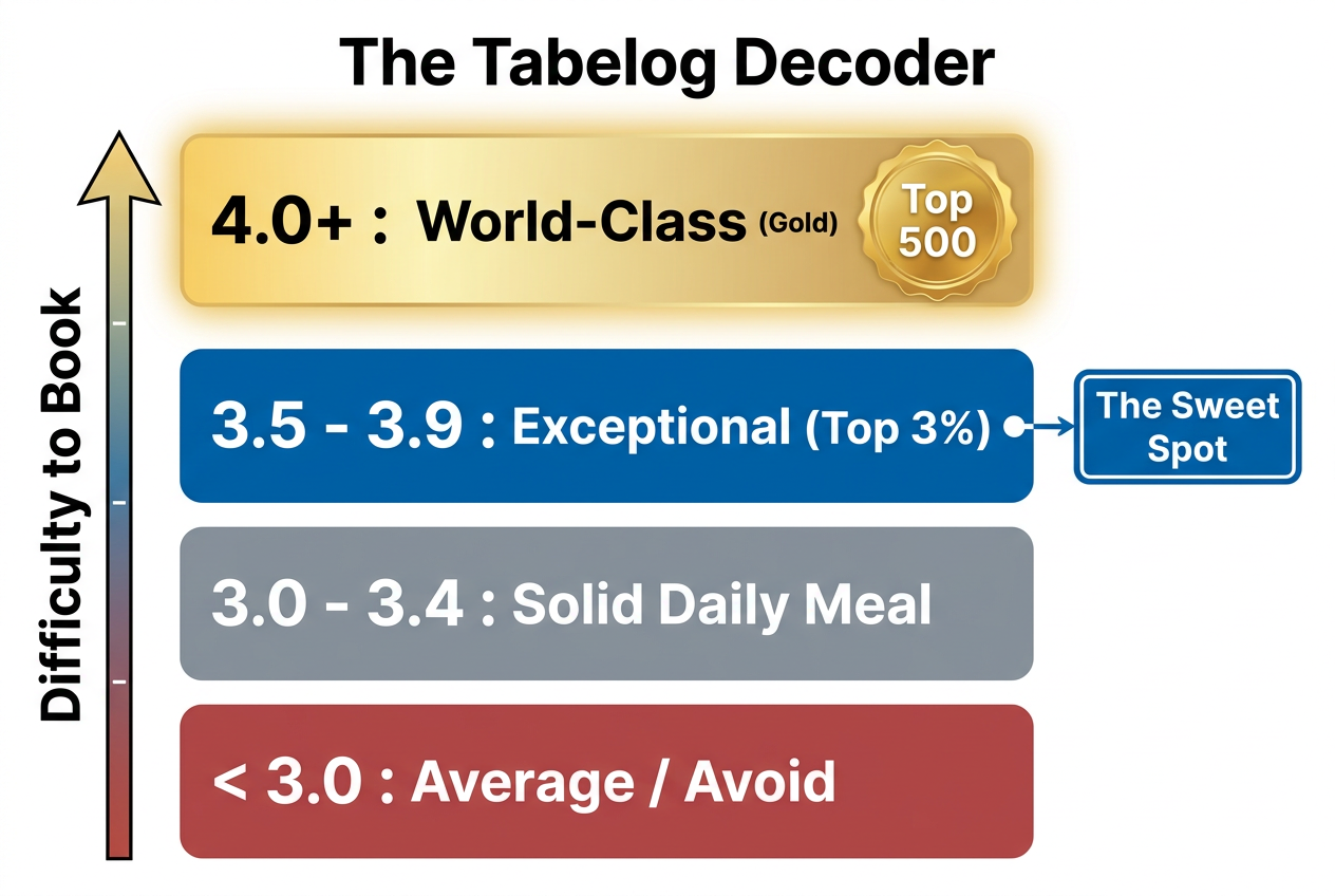 Vertical tier list explaining Japan’s Tabelog rating system, from average scores under 3.0 to world-class gold-tier rankings above 4.0.