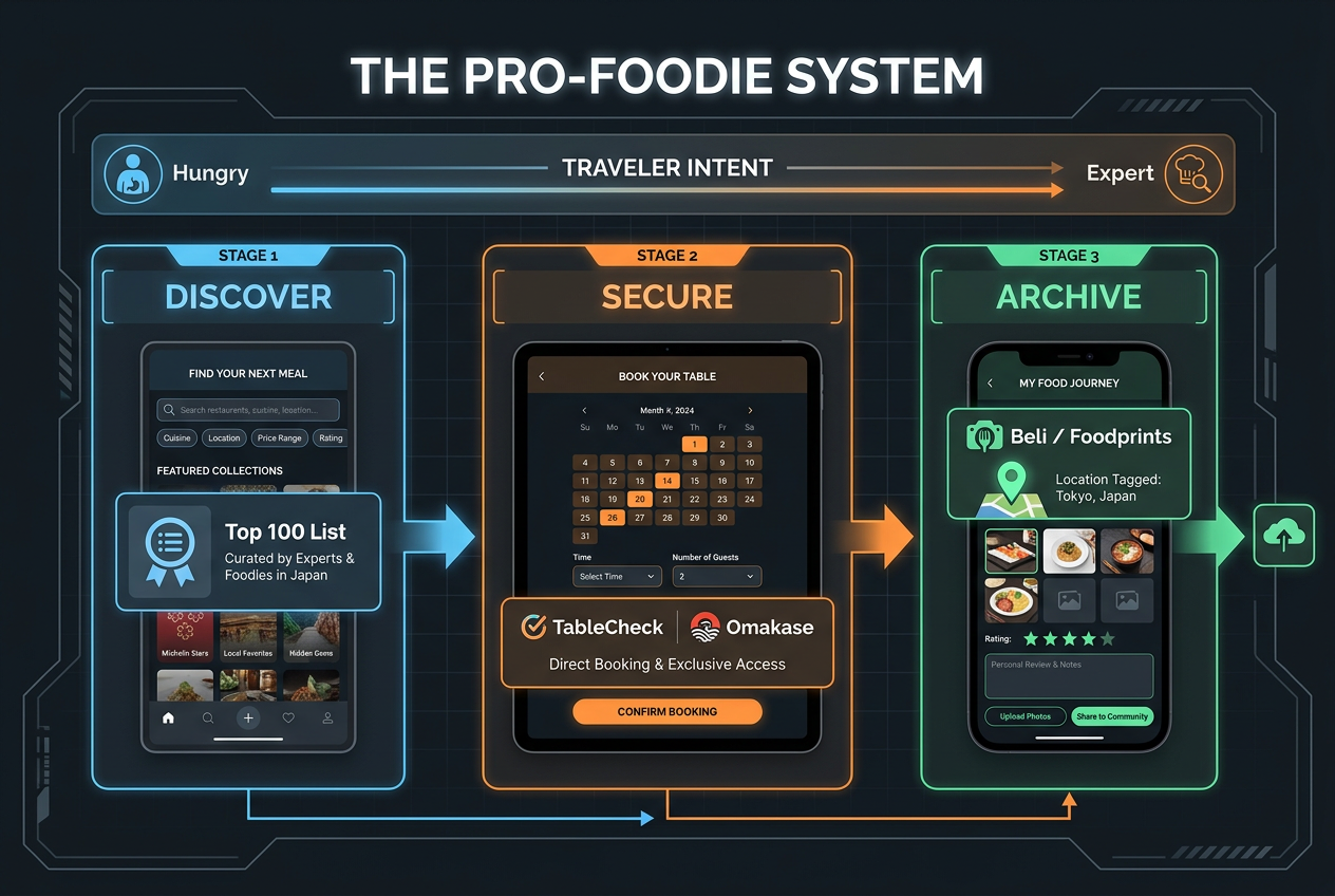Flowchart showing the 3-step foodie workflow in Japan: discovering via Tabelog, booking through TableCheck, and archiving meals on the Beli app.