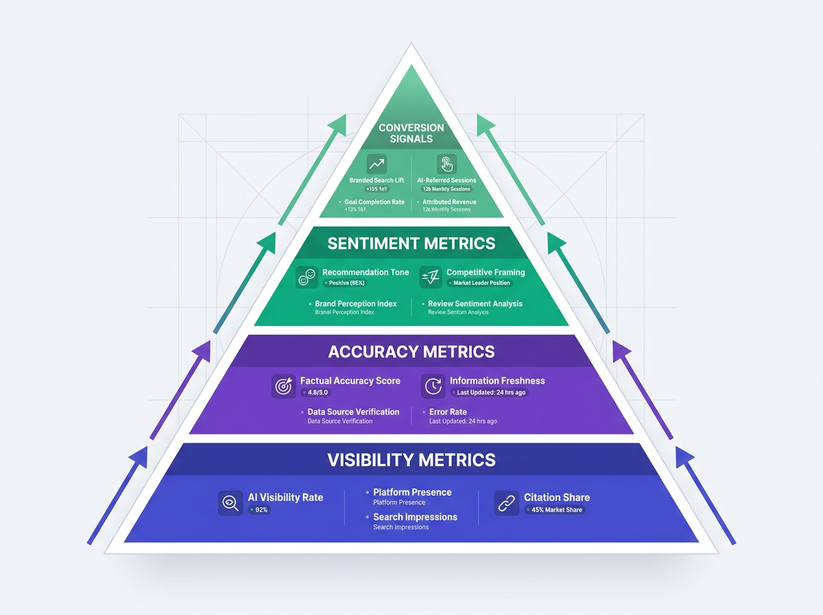 Four-tier AI search performance analytics framework pyramid diagram