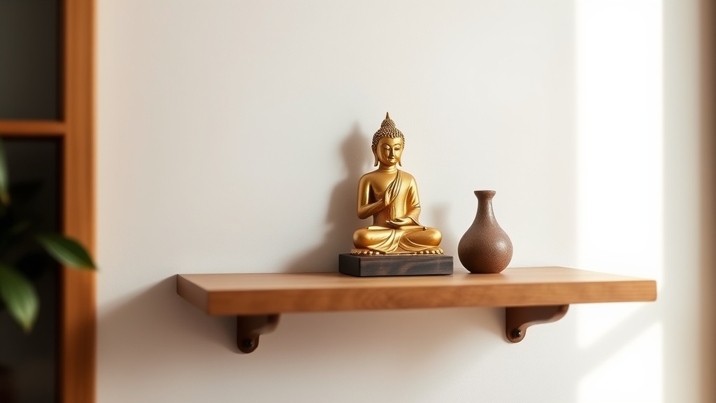 Petite statue de Bouddha dorée sur une étagère en bois, autel domestique minimaliste