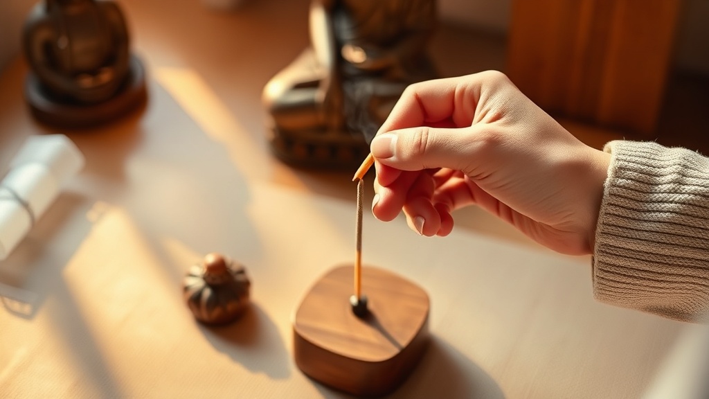 Mains allumant un bâtonnet d'encens sur un support en bois, geste rituel d'ouverture de la méditation