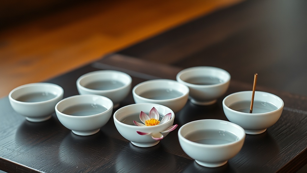 Sept petits bols d'offrande en céramique blanche alignés sur un autel bouddhiste tibétain avec fleur de lotus