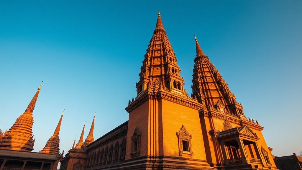 Façade extérieure du temple Gawdawpalin à Bagan, briques rouges et flèches superposées sous la lumière dorée