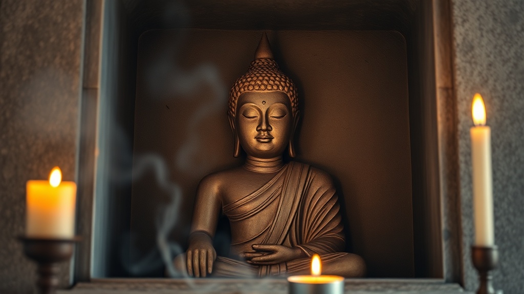Statue de Bouddha en pierre dans une niche du temple Gawdawpalin, lumière de bougies et fumée d'encens