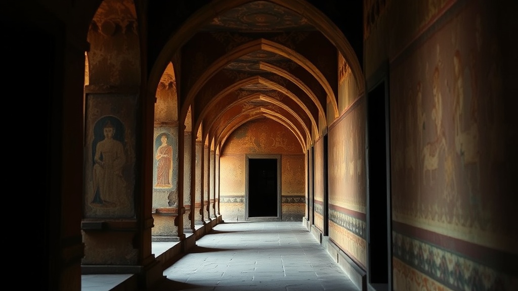 Couloir intérieur du temple de Htilominlo avec fresques murales aux teintes ocre