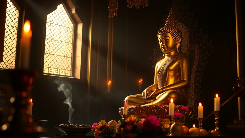 Statue de Bouddha dorée sur son trône dans une niche du temple de Htilominlo, Bagan