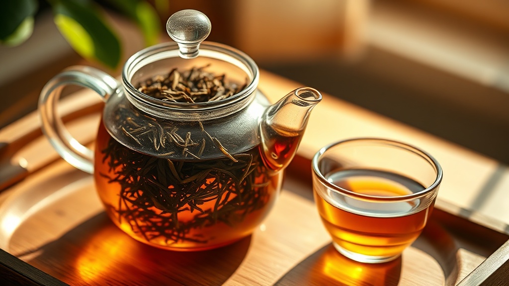 Feuilles d'oolong qui se déroulent dans une théière en verre avec une liqueur ambrée dorée