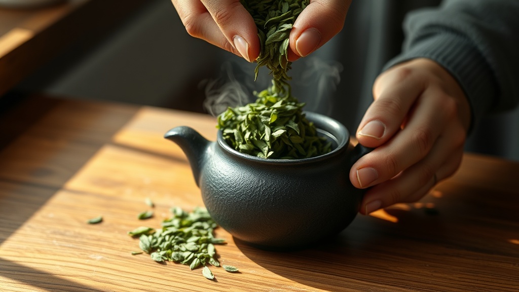 Feuilles de sencha japonais versées dans une théière en fonte pour une infusion à basse température