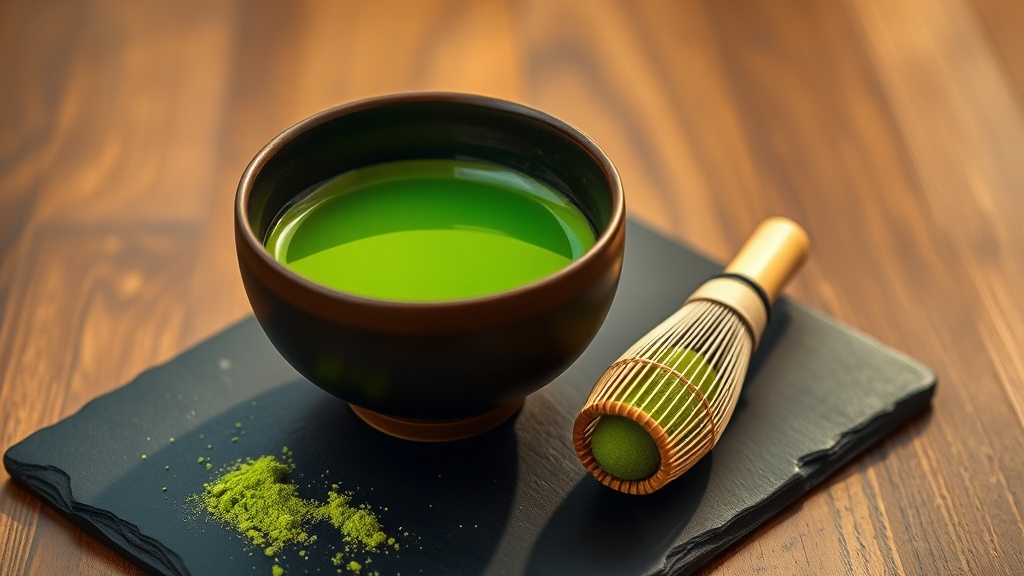 Bol chawan de matcha japonais avec un fouet chasen en bambou sur ardoise sombre