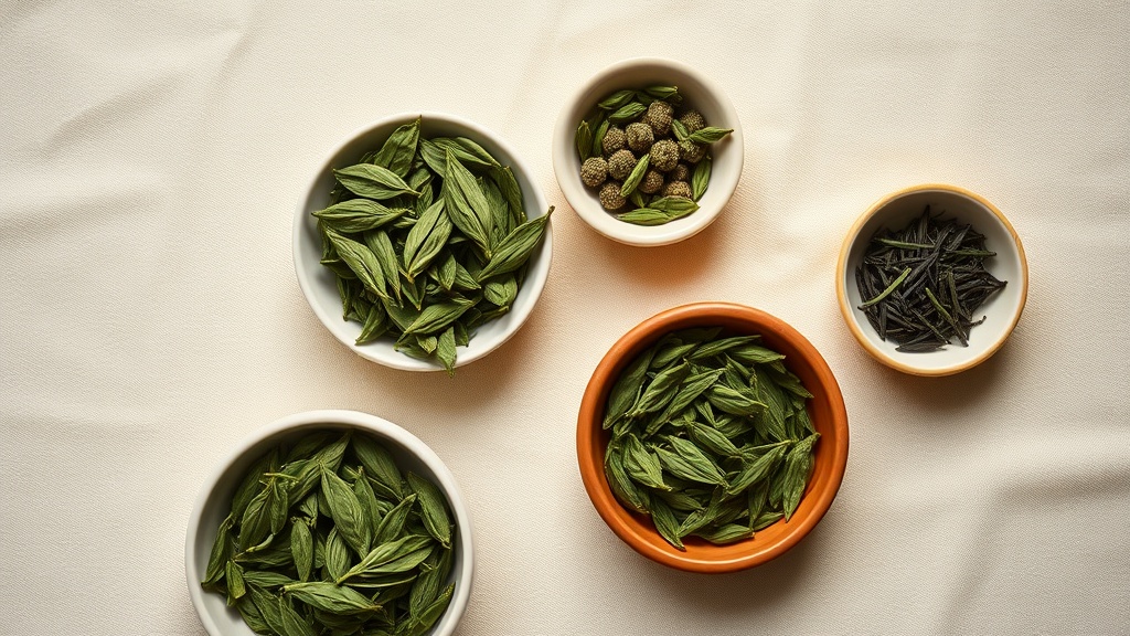 Différentes variétés de thé vert : Longjing, Gunpowder et Sencha dans des coupelles en céramique