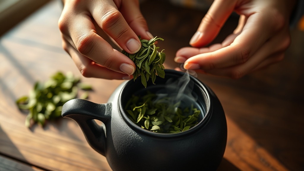 Mains versant des feuilles de thé vert dans une théière en fonte sur une table en bois