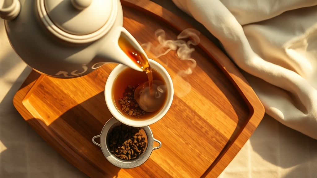 Théière versant du thé chaud dans une tasse, durée d'infusion et température influencent la caféine