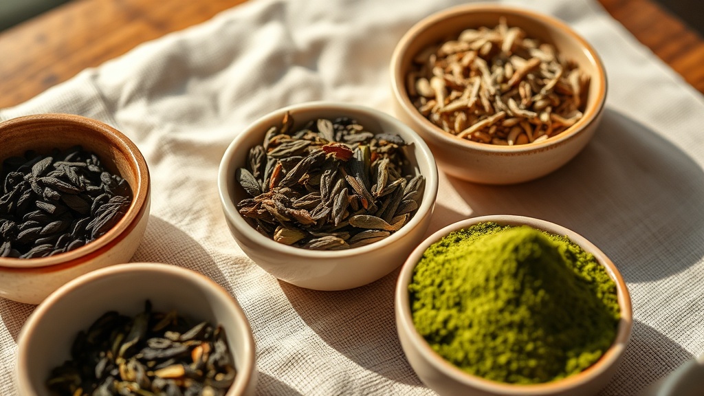 Cinq variétés de thé en feuilles dans des bols en céramique pour comparer la teneur en caféine