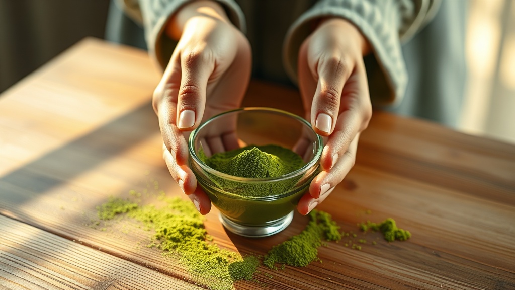 Bol de poudre de matcha tenu dans deux mains, riche en caféine et en théanine