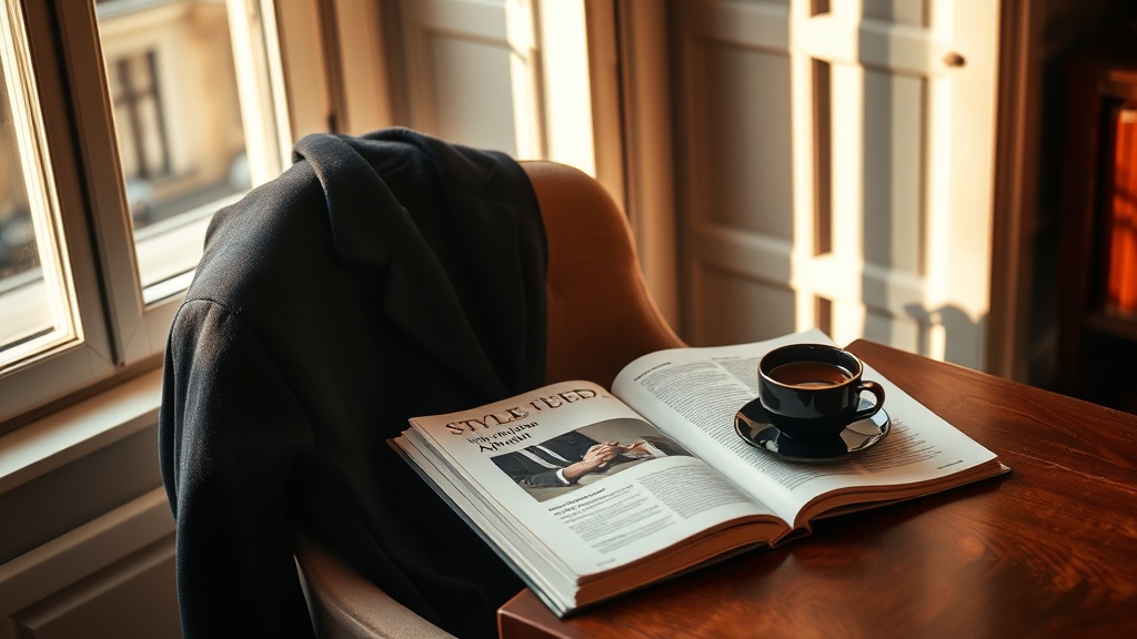 A worn style magazine and folded navy blazer on a reading chair in a warm European apartment