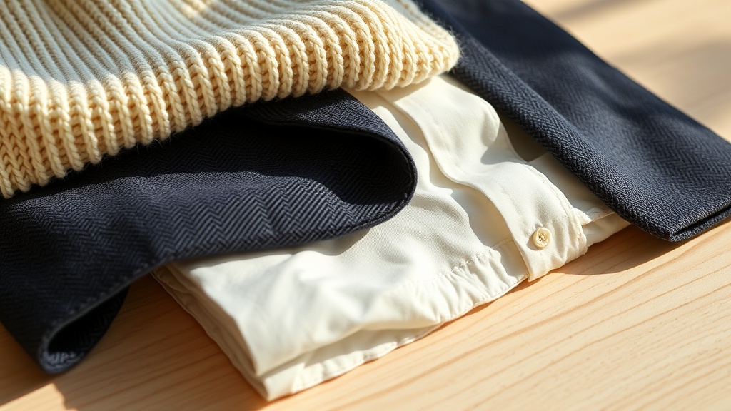 Folded cashmere knit, herringbone blazer and oxford cloth shirt arranged on a pale wooden surface