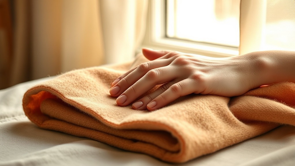 Hands feeling the texture of folded camel cashmere fabric in soft natural light
