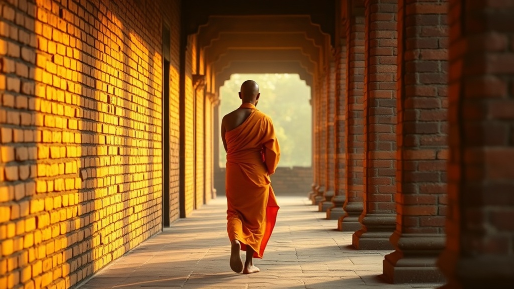 Moine bouddhiste en robe safran cheminant dans un corridor de temple en brique à Bagan, lumière dorée matinale