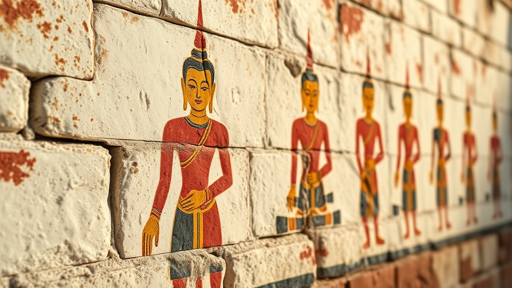 Détail de peintures murales bouddhistes anciennes sur enduit de chaux, style Pagan du XIe siècle, pigments ocre et rouge