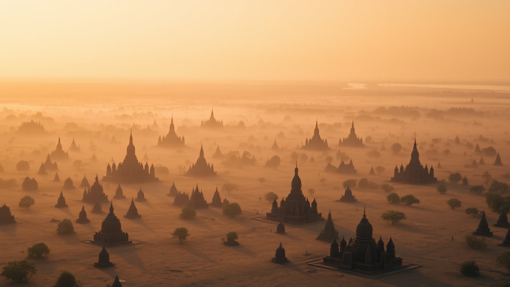 Vue aérienne de la plaine de Bagan au lever du soleil, avec ses milliers de temples et pagodes en brique