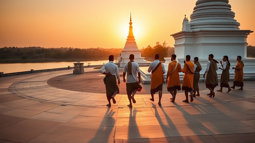 Pèlerins birmans effectuant la circumambulation autour de la stupa de Lawkananda au coucher du soleil