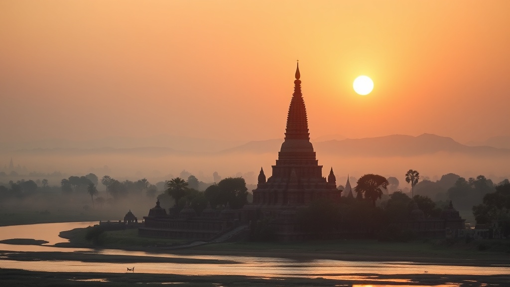 La pagode Lawkananda vue depuis les berges de l'Irrawaddy à Bagan, au lever du soleil