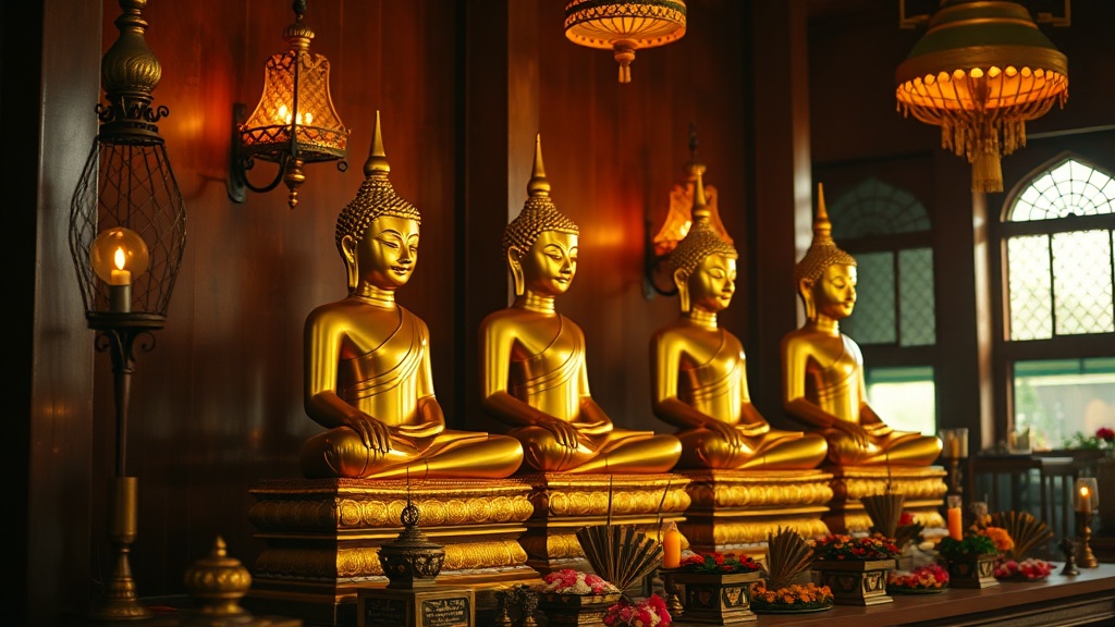 Cinq statues de Bouddha dorées dans la salle de culte de la pagode Lawkananda à Bagan
