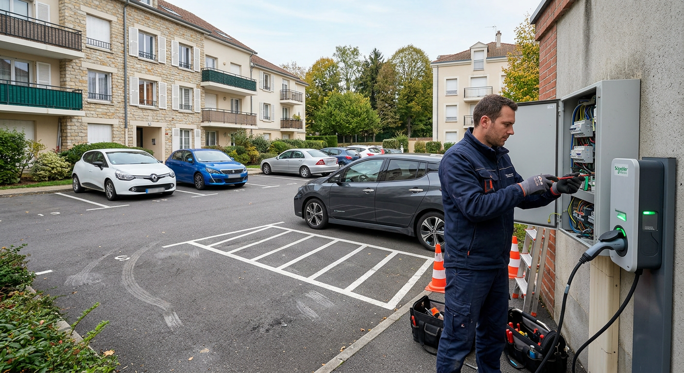 Borne de recharge électrique en fonctionnement dans un parking en copropriété avec un électricien certifié IRVE intervenant