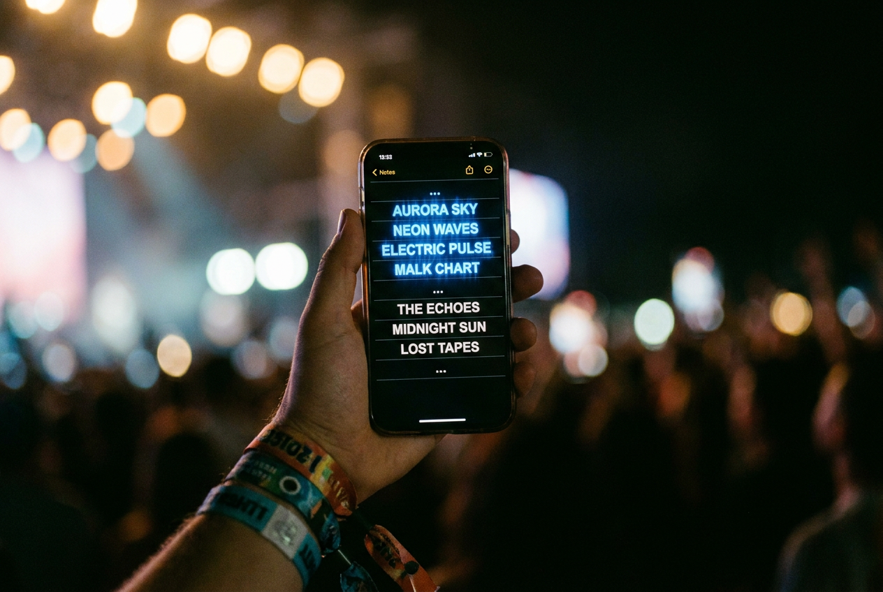 alt text for accessibility: A phone screen showing a music chart with AI-generated artist names glowing in neon blue among regular artist listings