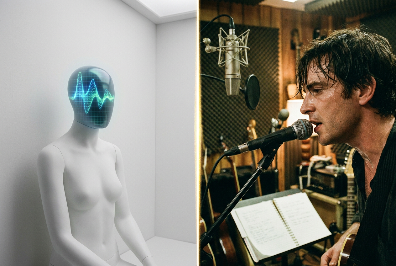 alt text for accessibility: A split screen showing a faceless AI avatar on one side and a real musician performing passionately in a studio on the other