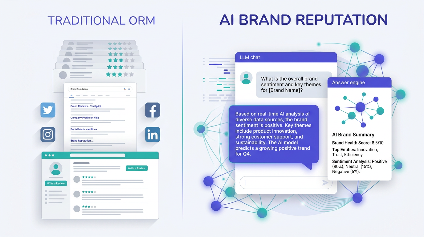 Traditional ORM versus AI brand reputation management comparison illustration