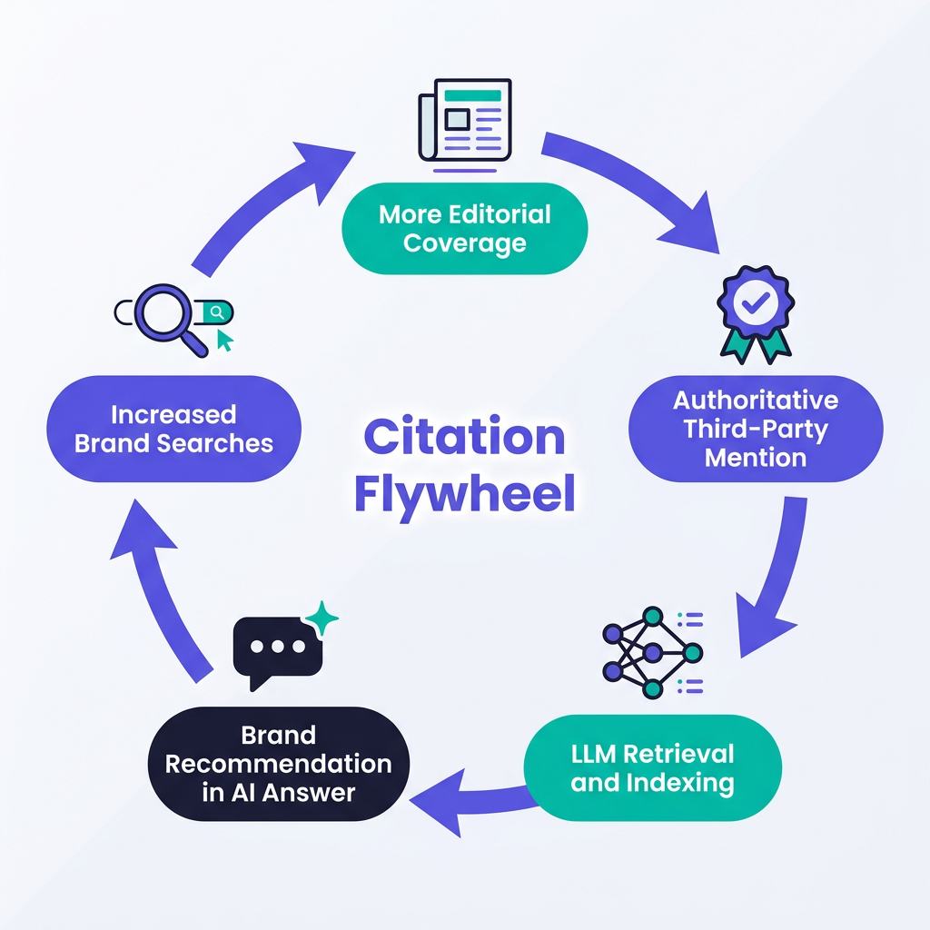 Citation flywheel diagram for building LLM brand reputation through authoritative mentions