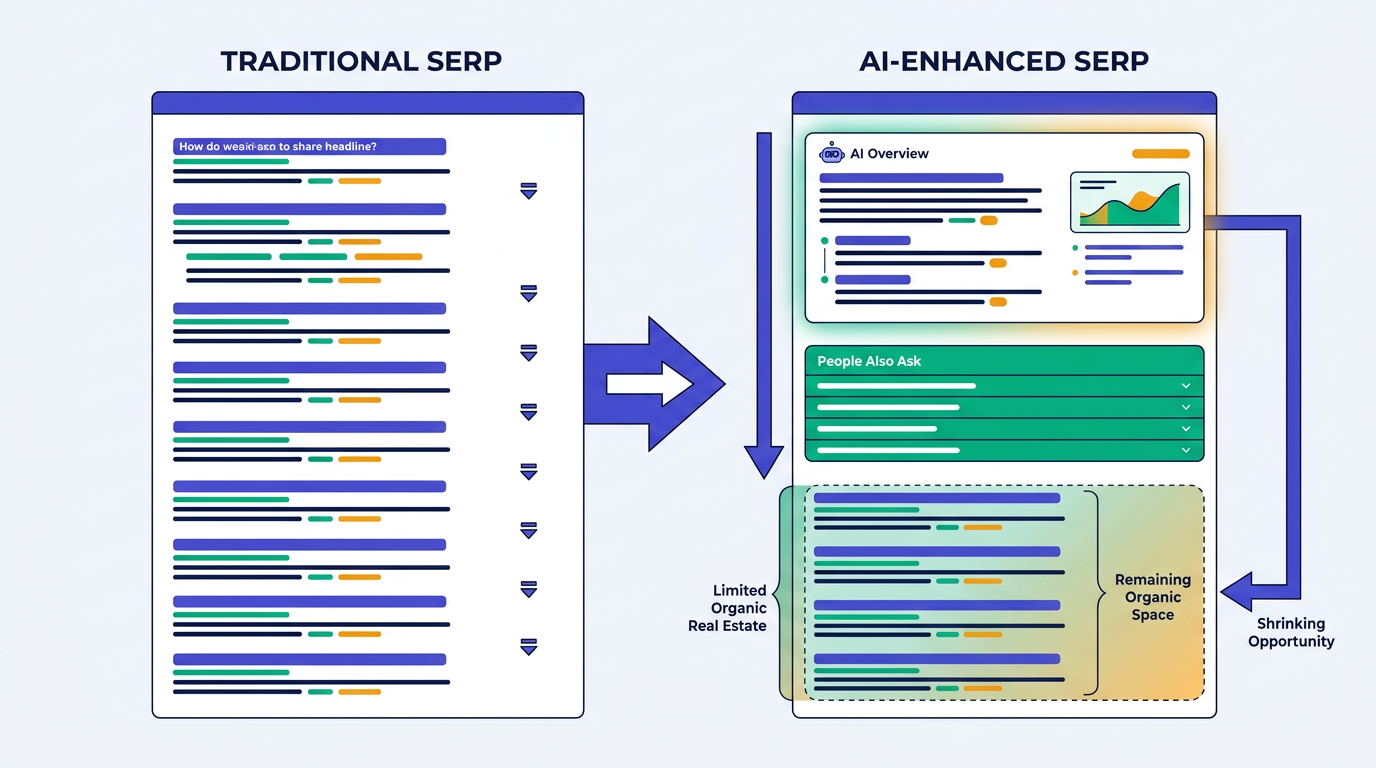 Comparison of traditional SERP layout versus AI-enhanced SERP with reduced organic visibility
